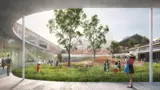 Artist's impression of adults and children in the outdoor courtyard garden at the refurbished Powerhouse Ultimo Museum
